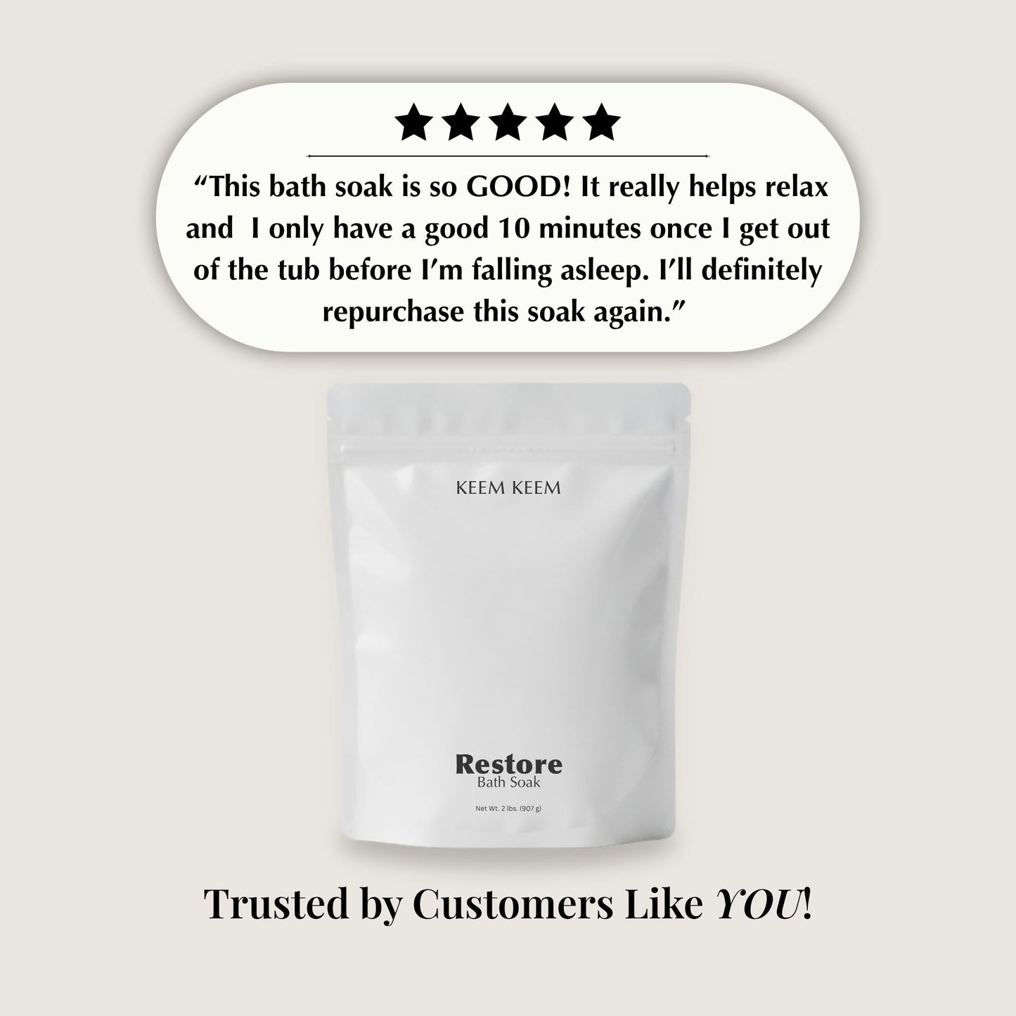 KEEM KEEM Restore Bath Soak packaging with customer review text on a light gray background