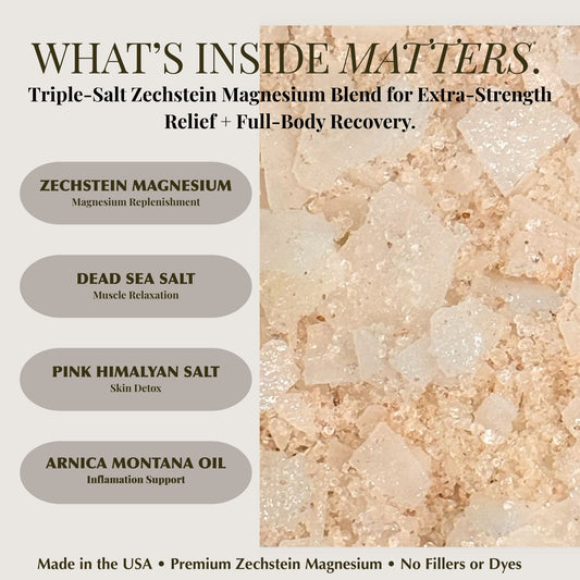Trifecta Bath Soak ingredients include Zechstein magnesium, Dead Sea salt, Pink Himalayan salt, and Arnica oil