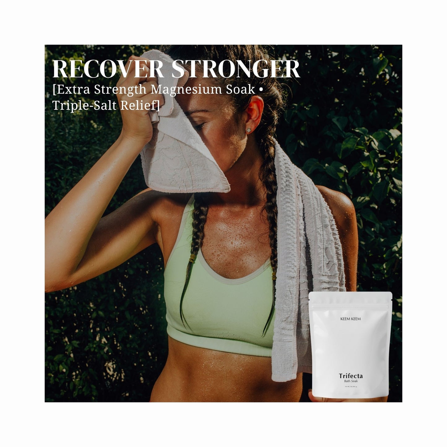 Lifestyle ad image of Keem Keem Trifecta Bath Soak with athlete post-workout, promoting extra-strength magnesium soak for recovery and relief.
