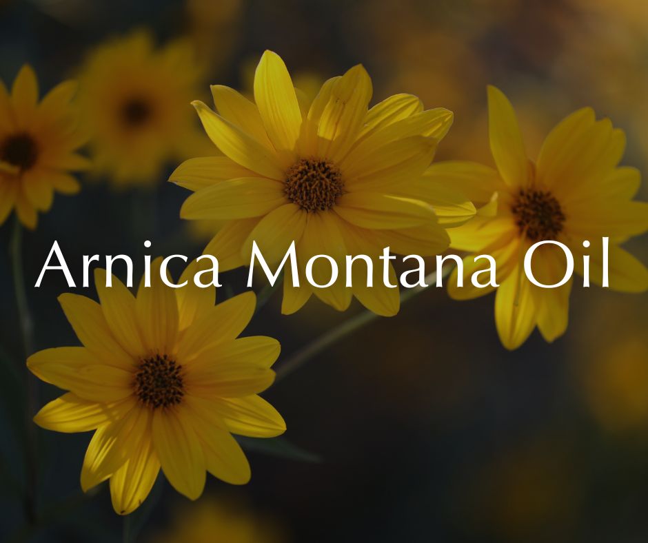 Yellow flowers with 'Arnica Montana Oil' text on a dark background