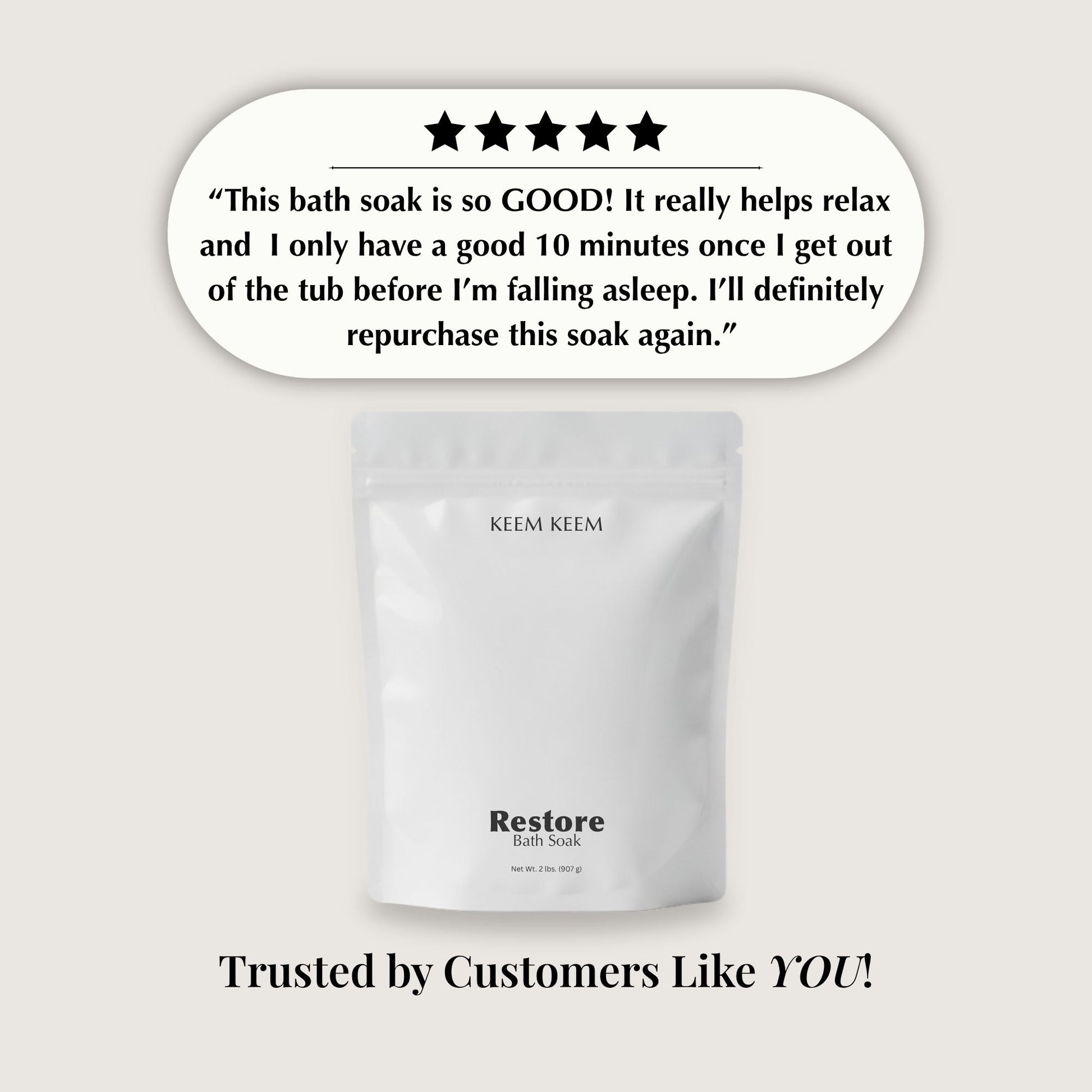 KEEM KEEM Restore Bath Soak packaging with customer review text on a light gray background