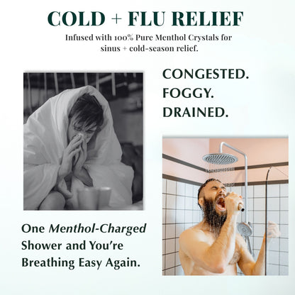 Split image showing a person resting under a blanket and another in the shower, emphasizing how one menthol-charged steamer helps clear sinuses and ease cold-season fogginess.