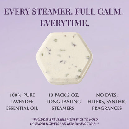 Close-up of Keem Keem Lavender Shower Steamer with feature text emphasizing purity, long-lasting 2 oz steamers, and no synthetic dyes or fillers.