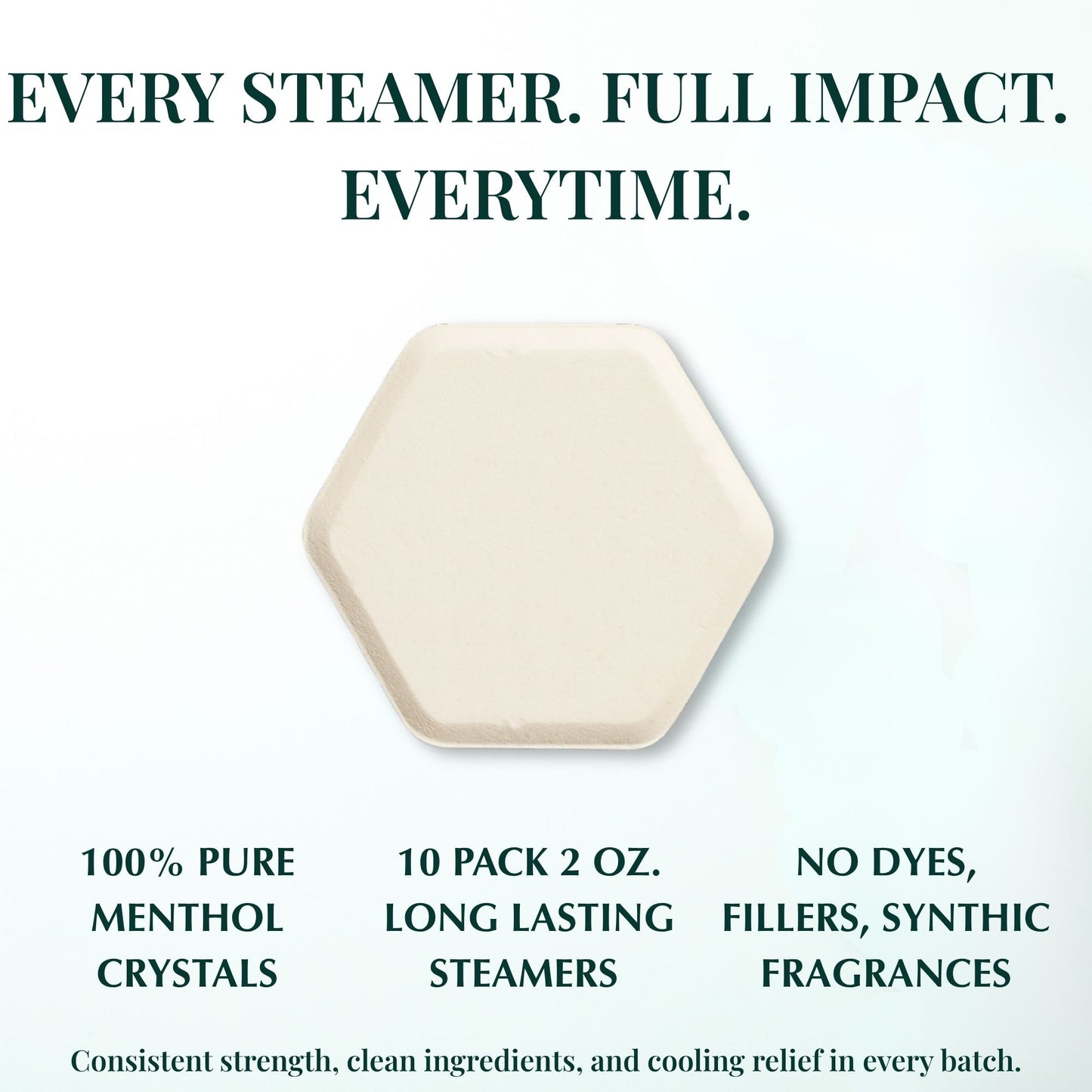Close-up image of a single Keem Keem hexagon menthol steamer with product claims about 100% pure menthol crystals, no dyes or fillers, and long-lasting 2 oz steamers.