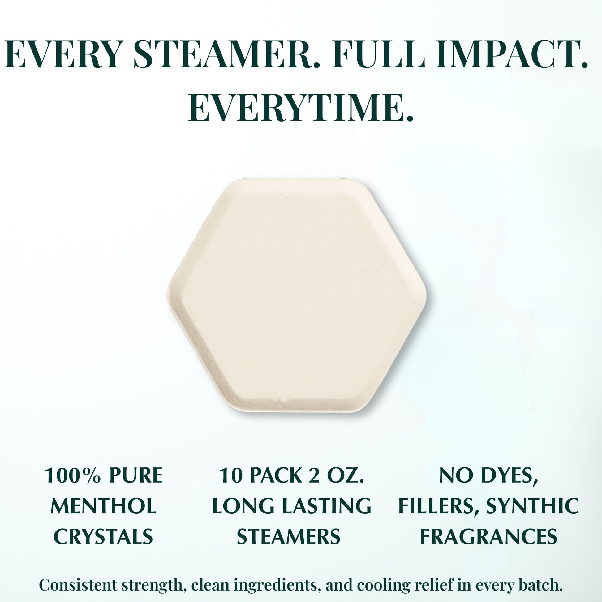 Close-up image of a single Keem Keem hexagon menthol steamer with product claims about 100% pure menthol crystals, no dyes or fillers, and long-lasting 2 oz steamers.