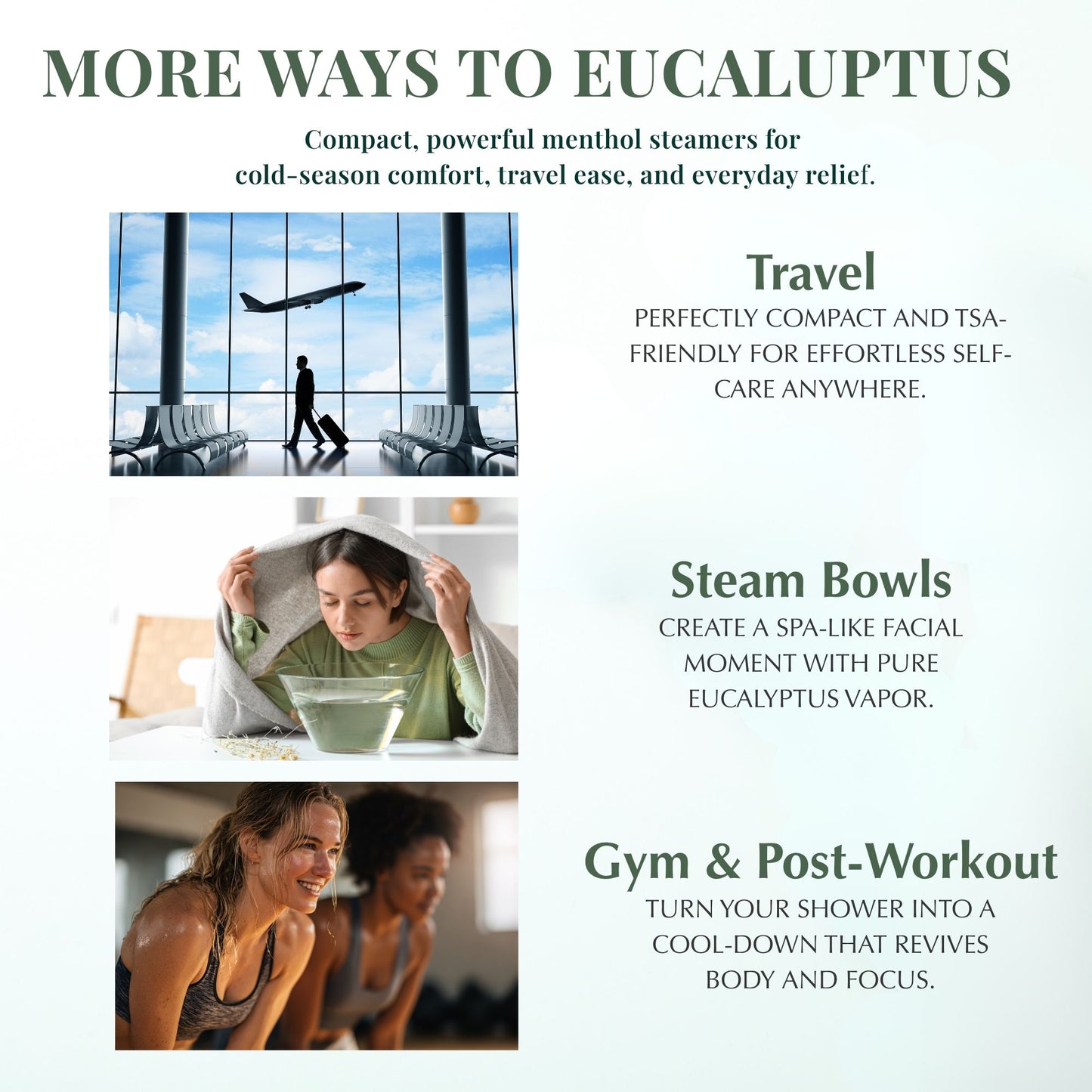 Lifestyle collage showing three ways to use Keem Keem Eucalyptus Shower Steamers: for travel, steam bowl breathing, and gym or post-workout recovery.