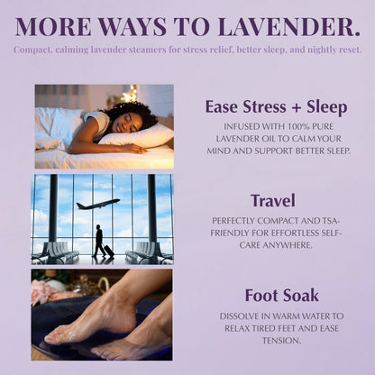 Lifestyle collage showing multiple uses for Keem Keem Lavender Shower Steamers such as easing stress before bed, travel relaxation, and foot soaks.