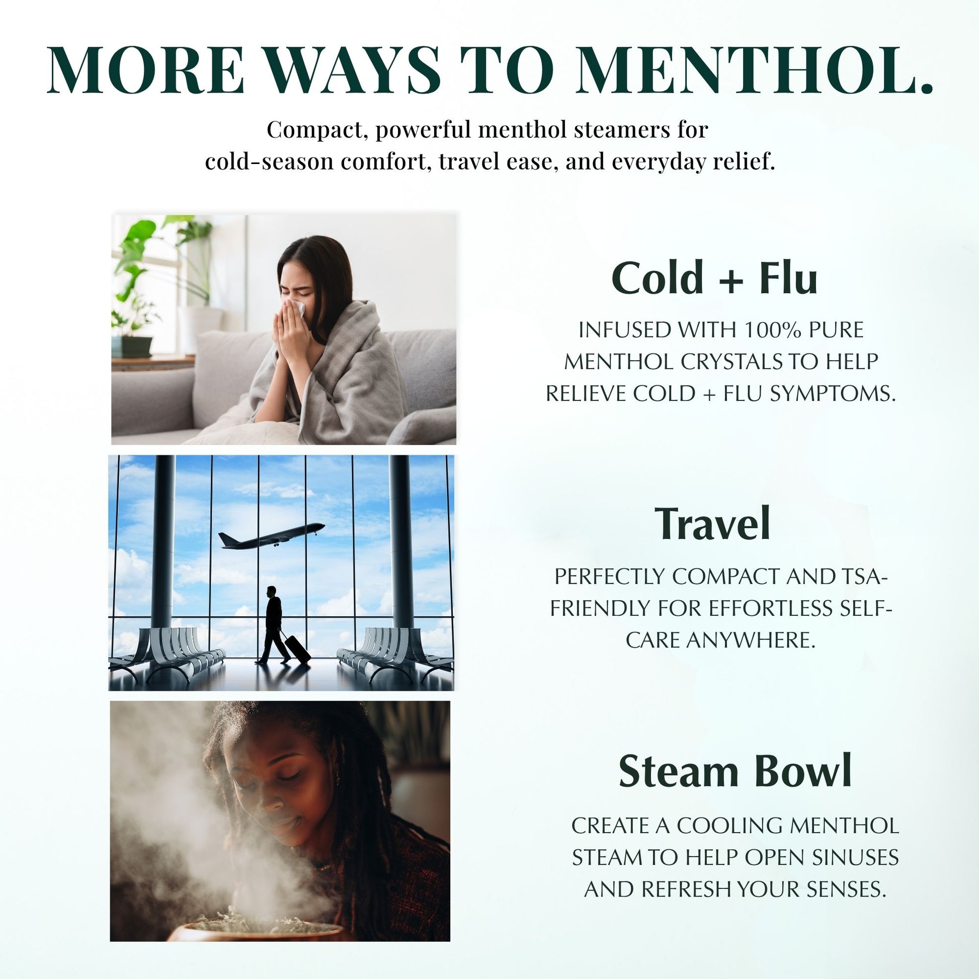 Lifestyle collage showing three uses for Keem Keem Menthol Shower Steamers: cold + flu support, travel-friendly relief, and steam bowl breathing support.