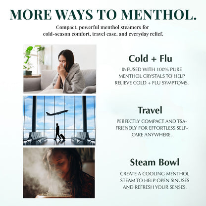 Lifestyle collage showing three uses for Keem Keem Menthol Shower Steamers: cold + flu support, travel-friendly relief, and steam bowl breathing support.