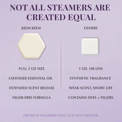 Side-by-side comparison graphic showing Keem Keem Lavender Shower Steamers versus smaller synthetic competitors, highlighting natural fragrance and extended scent release.