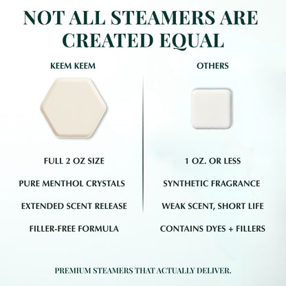 Side-by-side comparison of Keem Keem 2 oz menthol steamer versus a smaller synthetic competitor tablet, highlighting benefits like extended scent release, filler-free formula, and true menthol strength.