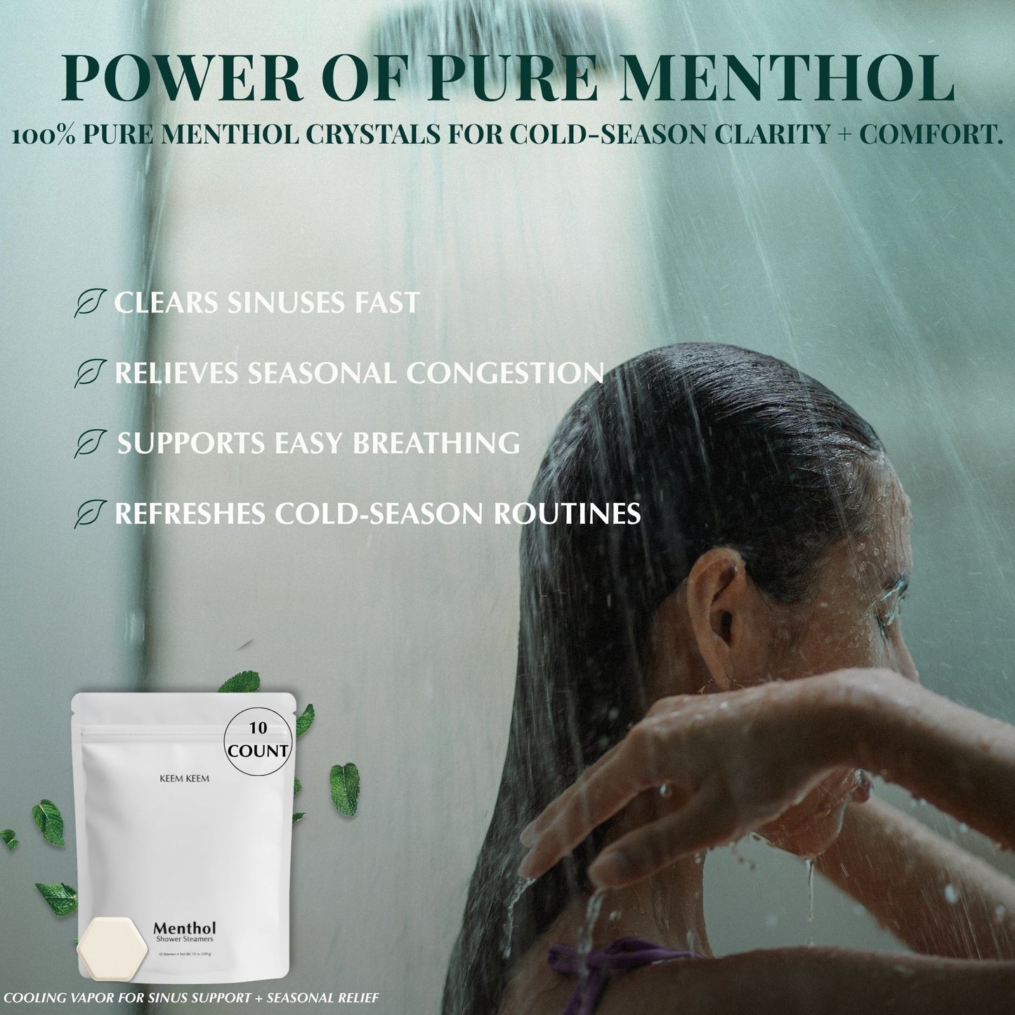 Image showing Keem Keem Menthol Shower Steamers with text overlay describing benefits like clearing sinuses, relieving seasonal congestion, supporting breathing, and refreshing cold-season routines.