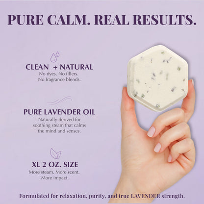 Hand holding a lavender shower steamer with copy emphasizing clean, natural formulation, pure lavender essential oil, and XL 2 oz size for lasting calm.