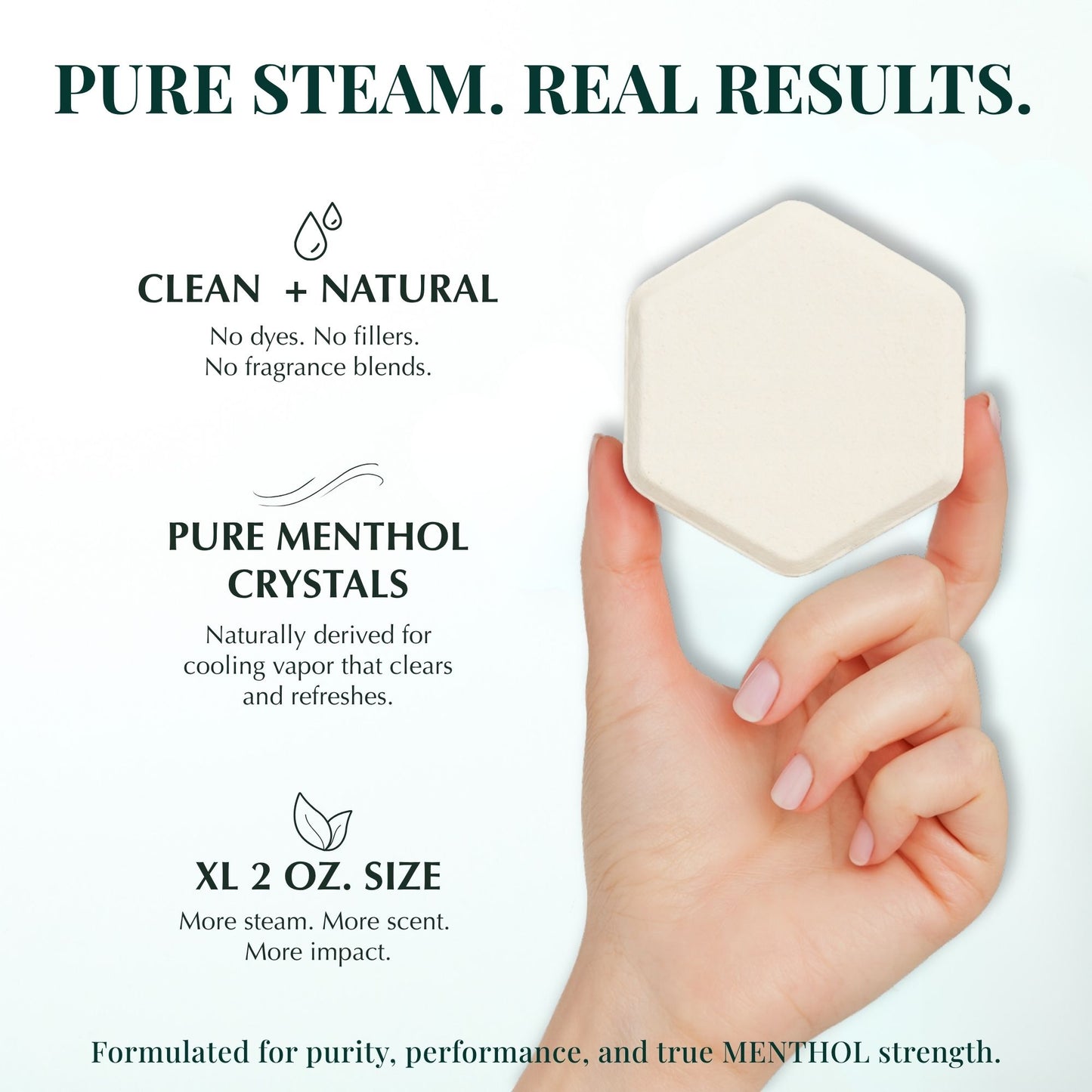Hand holding one Keem Keem Menthol Shower Steamer with supporting text listing features such as clean ingredients, no dyes or fillers, and 2 oz size for extended steam release.