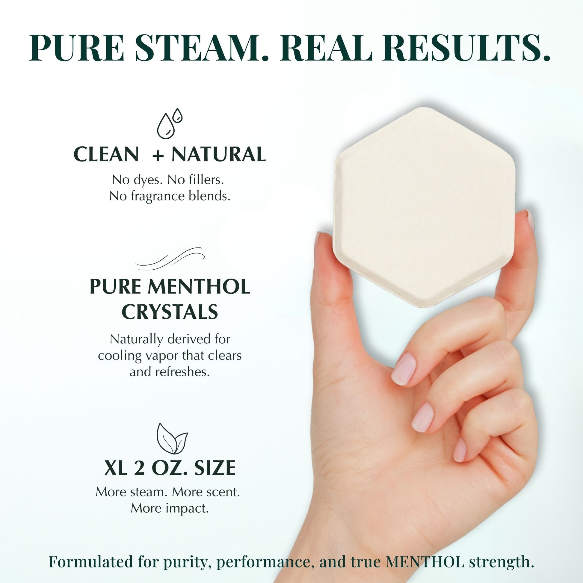 Hand holding one Keem Keem Menthol Shower Steamer with supporting text listing features such as clean ingredients, no dyes or fillers, and 2 oz size for extended steam release.