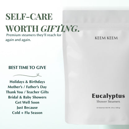 Image of Keem Keem Eucalyptus Shower Steamer pouch with text highlighting gift occasions such as holidays, Mother’s Day, Father’s Day, bridal showers, and cold + flu season.