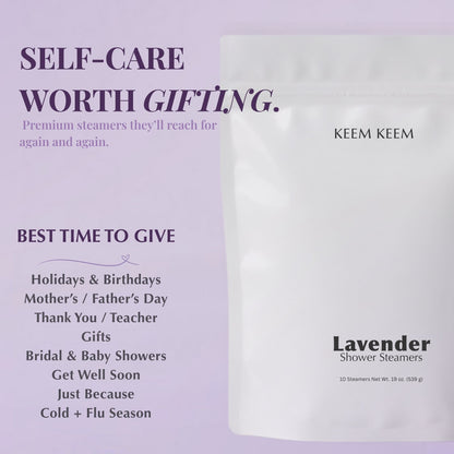 Image of Keem Keem Lavender Shower Steamer pouch with gift occasion list including holidays, bridal showers, and cold + flu season.