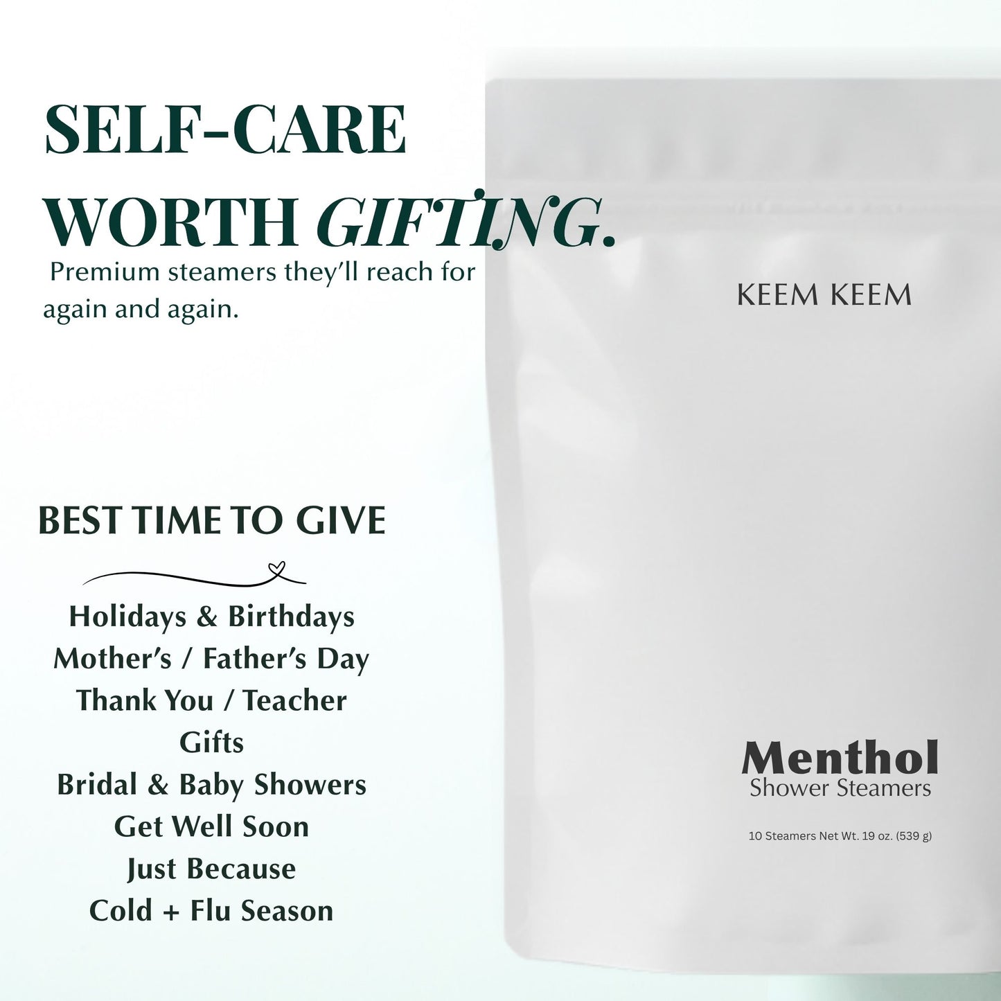 Image featuring Keem Keem Menthol Shower Steamer pouch with overlay text listing gifting occasions like holidays, Father’s Day, and cold + flu season.
