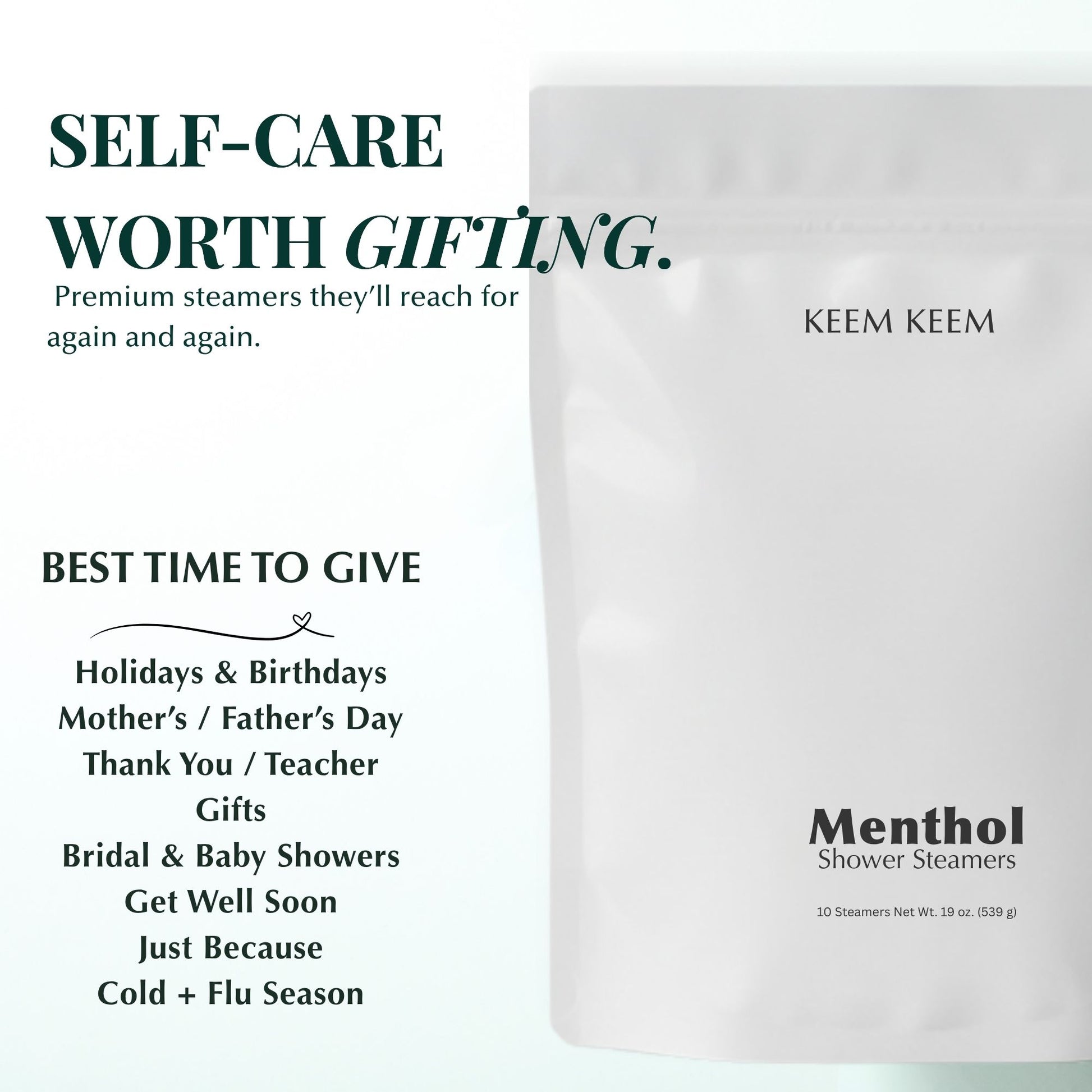 Image featuring Keem Keem Menthol Shower Steamer pouch with overlay text listing gifting occasions like holidays, Father’s Day, and cold + flu season.
