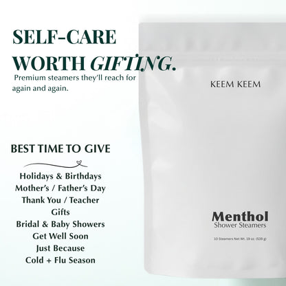 Image featuring Keem Keem Menthol Shower Steamer pouch with overlay text listing gifting occasions like holidays, Father’s Day, and cold + flu season.