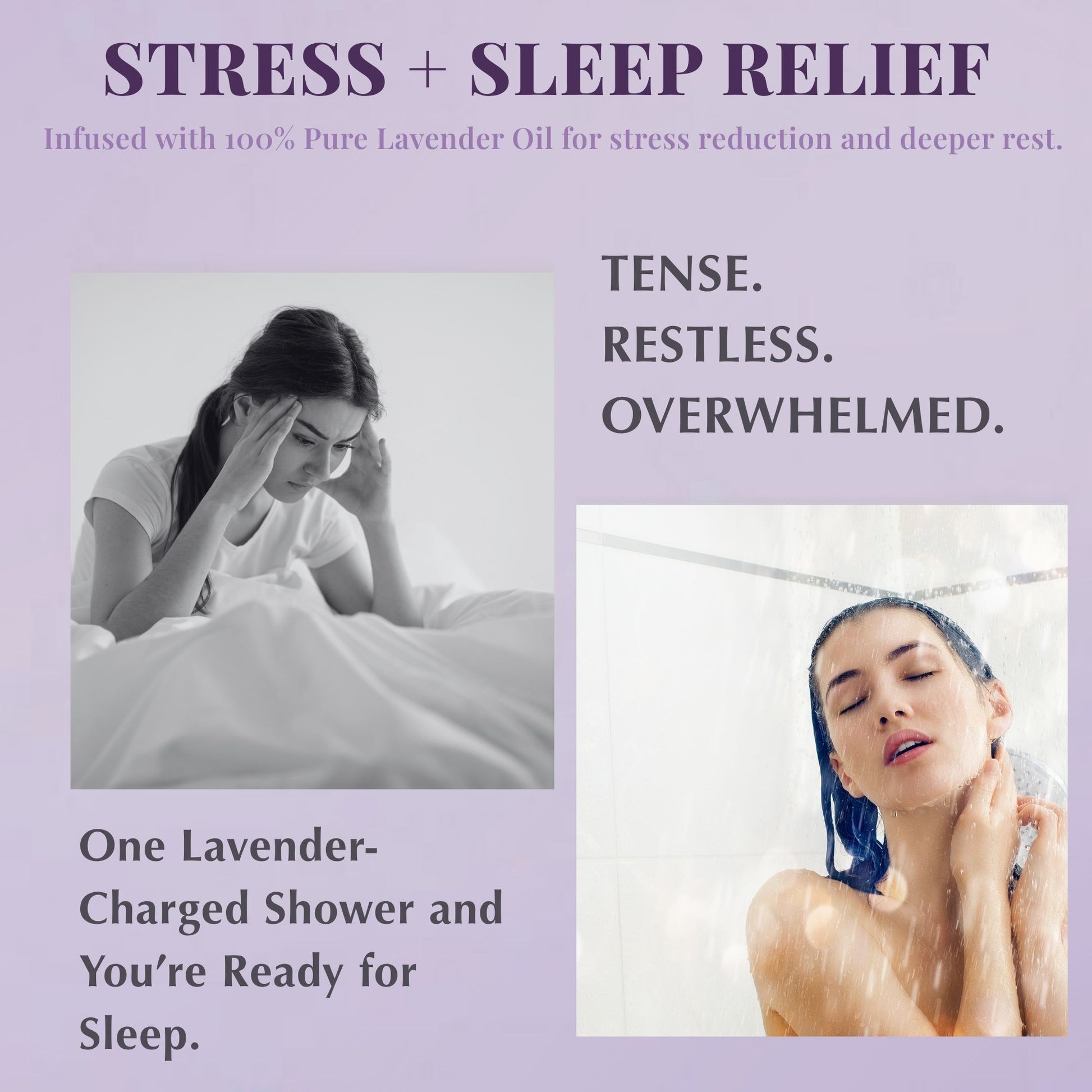 Lifestyle image showing a woman in a calming shower moment with text describing how lavender-infused steamers help ease tension and prepare for sleep.
