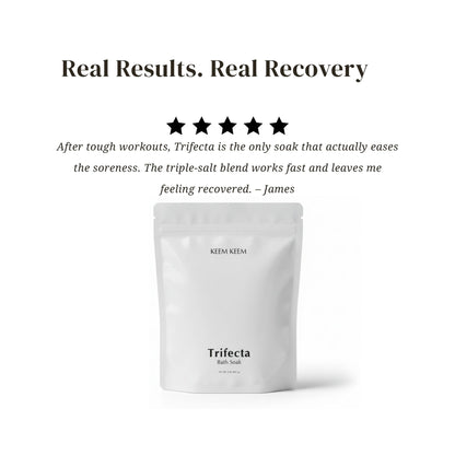 Testimonial image for Keem Keem Trifecta Bath Soak featuring a 5-star review about extra strength, triple-salt blend, and fast recovery benefits.
