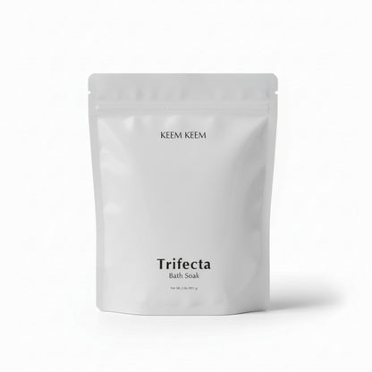 Editorial product image of Keem Keem Trifecta Bath Soak, extra-strength triple salt blend with Arnica for muscle tension and post-activity relief.