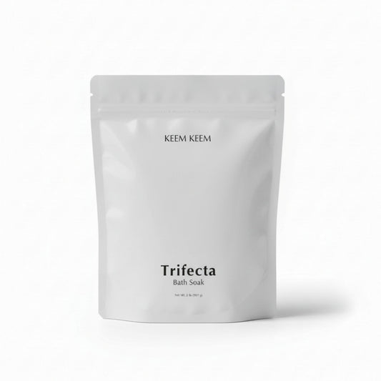 Editorial product image of Keem Keem Trifecta Bath Soak, extra-strength triple salt blend with Arnica for muscle tension and post-activity relief.