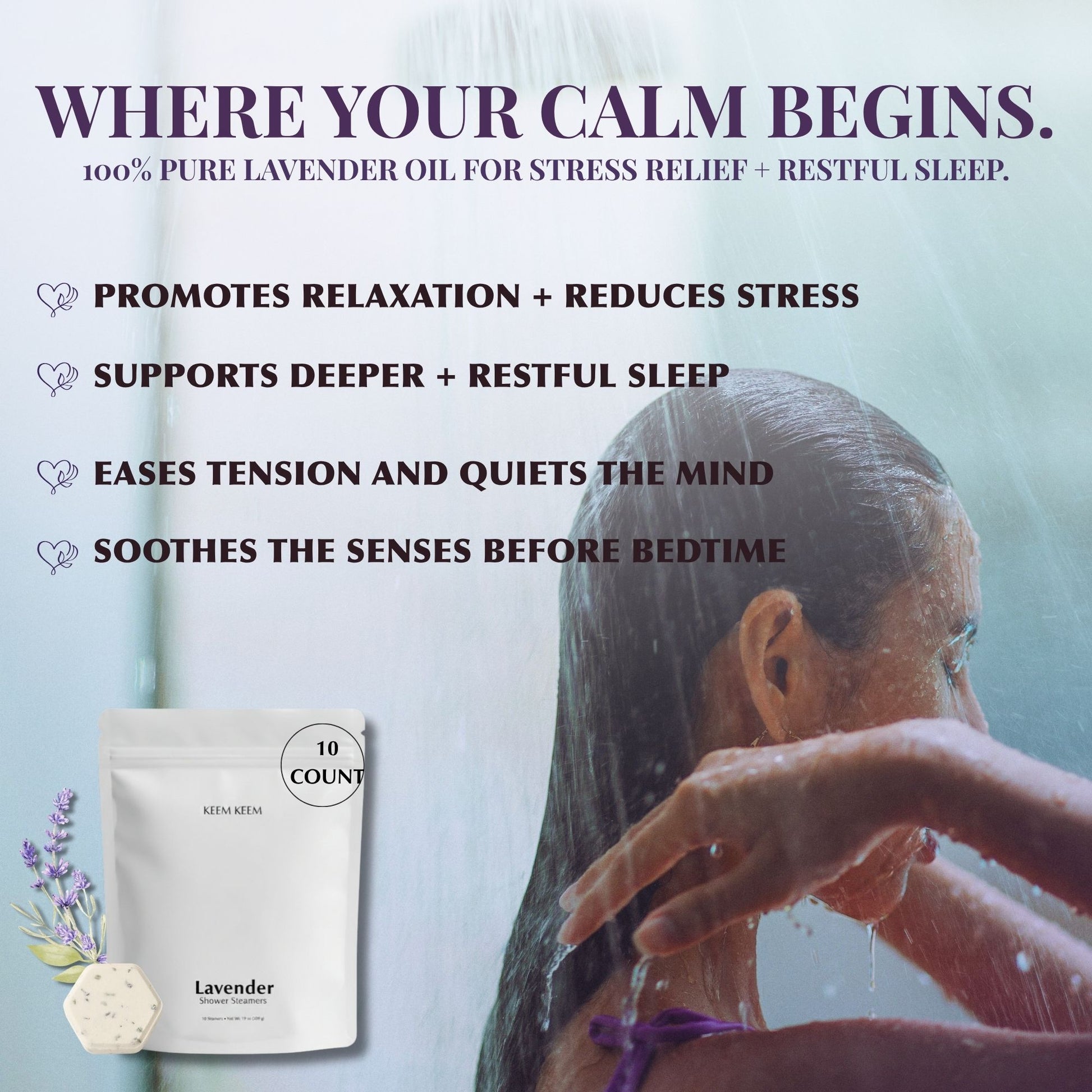 Shower scene image with Keem Keem Lavender Shower Steamer pouch and text overlay describing benefits like promoting relaxation, reducing stress, and supporting restful sleep.