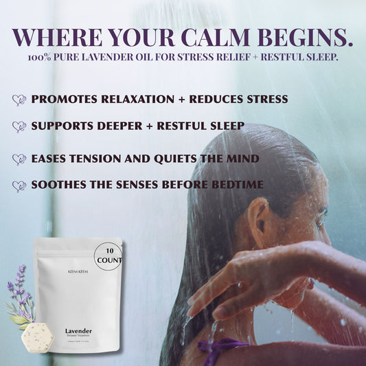 Shower scene image with Keem Keem Lavender Shower Steamer pouch and text overlay describing benefits like promoting relaxation, reducing stress, and supporting restful sleep.