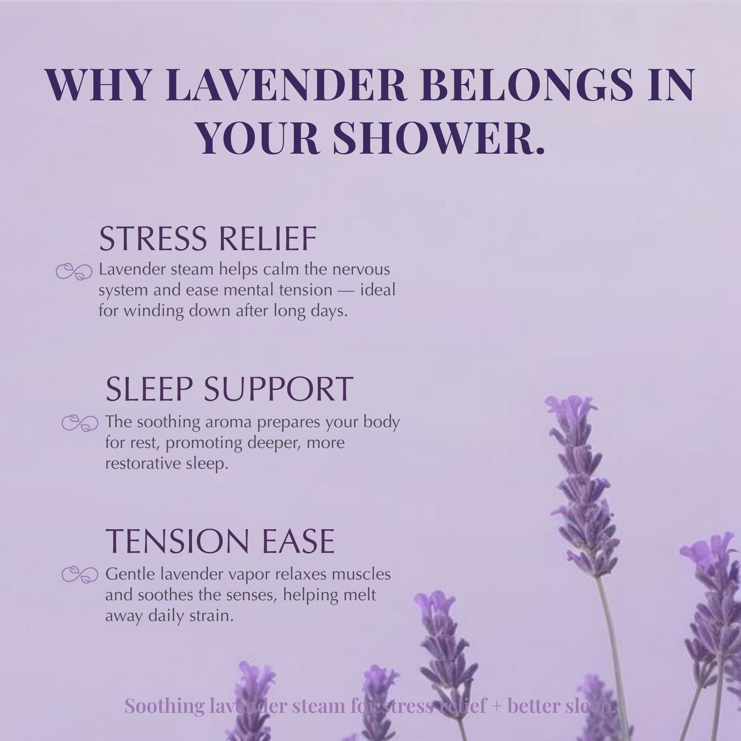 Soft lavender-themed image highlighting benefits of lavender oil such as stress relief, tension release, and sleep support, with lavender flowers in the background.