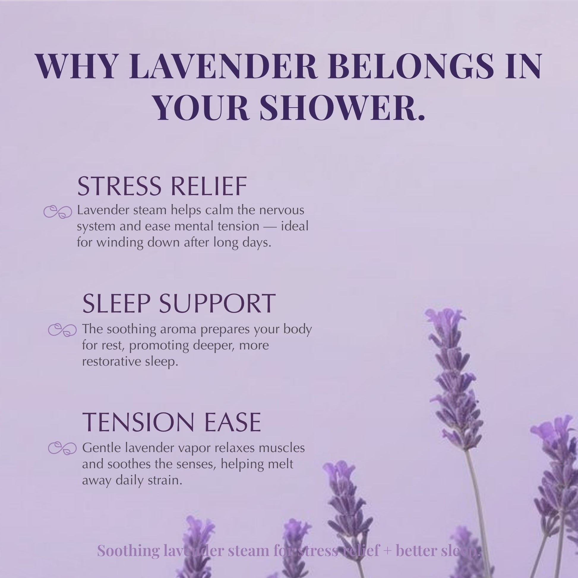 Soft lavender-themed image highlighting benefits of lavender oil such as stress relief, tension release, and sleep support, with lavender flowers in the background.