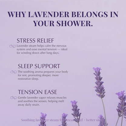 Soft lavender-themed image highlighting benefits of lavender oil such as stress relief, tension release, and sleep support, with lavender flowers in the background.