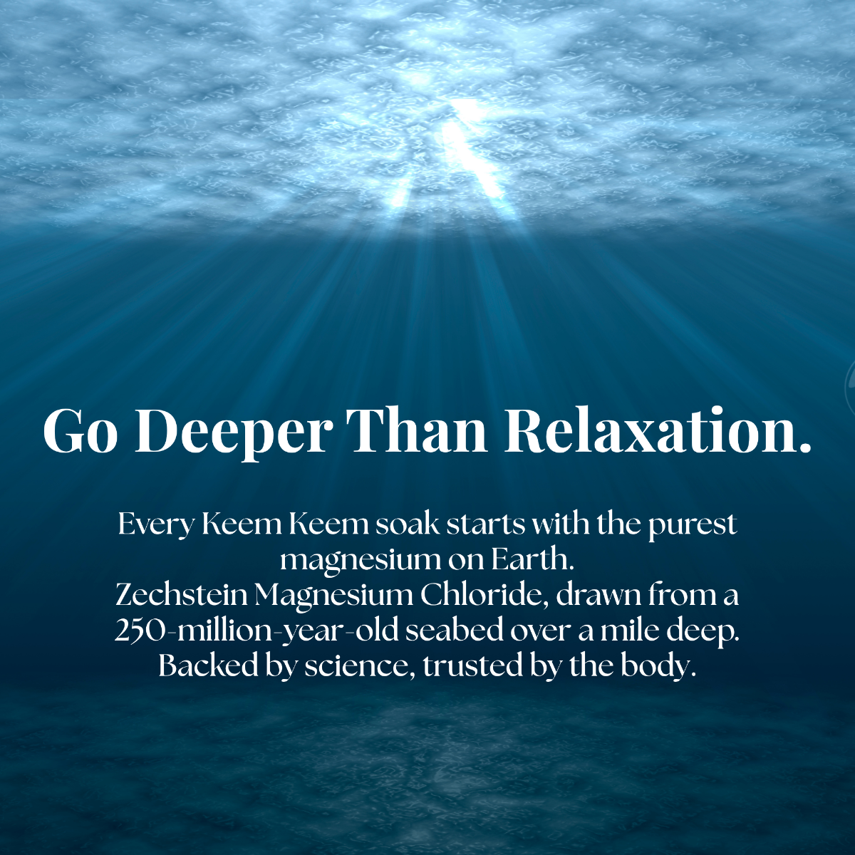 Underwater graphic with text highlighting Zechstein magnesium chloride used in Keem Keem bath soaks, sourced from a 250-million-year-old seabed
