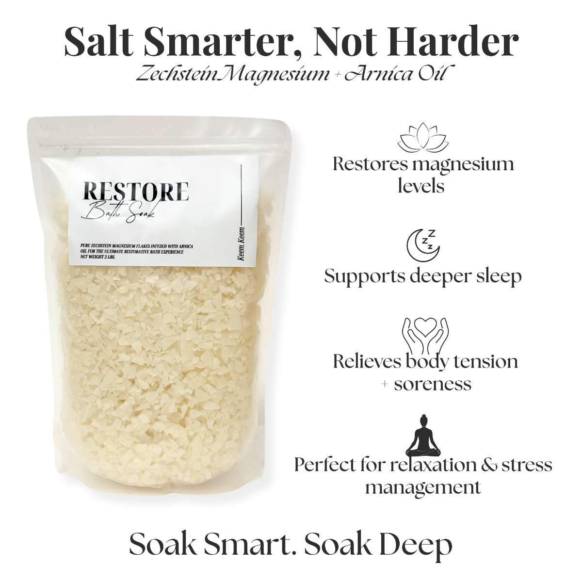 Keem Keem Restore Bath Soak with Zechstein magnesium and Arnica oil; shown with key benefits including sleep support, stress relief, and muscle tension recovery
