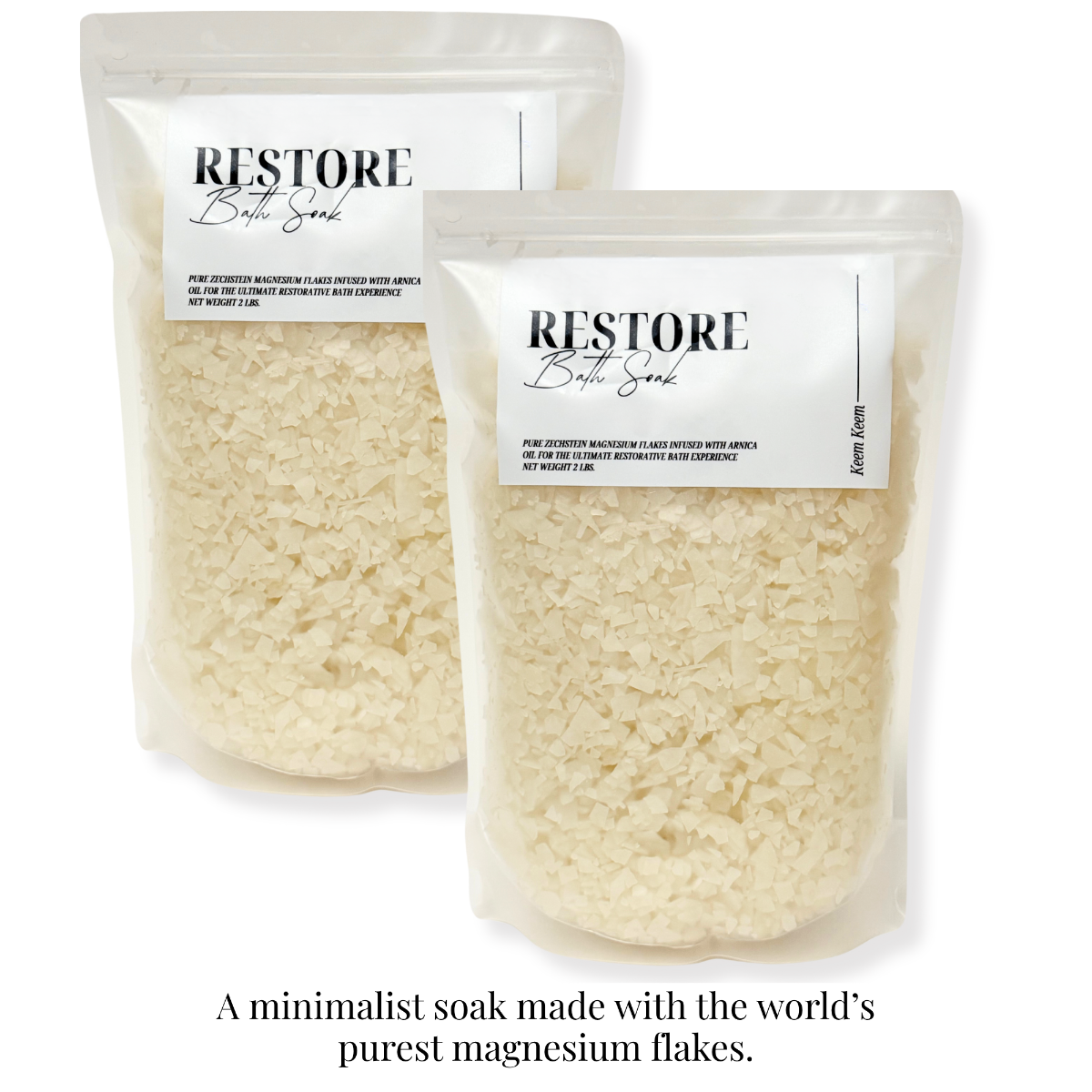 Keem Keem Restore Bath Soak in clear stand-up pouches, featuring pure Zechstein magnesium flakes and minimalist label design
