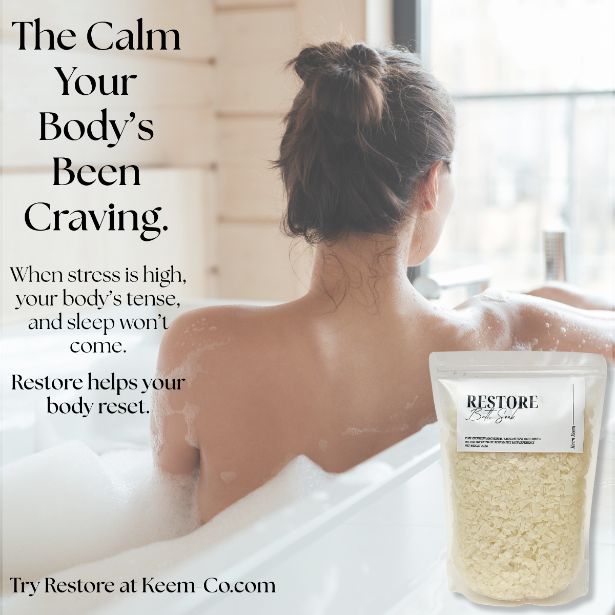 Woman soaking in a warm bath with Keem Keem Restore Bath Soak in view; calming visual promoting stress relief, body reset, and deep relaxation
